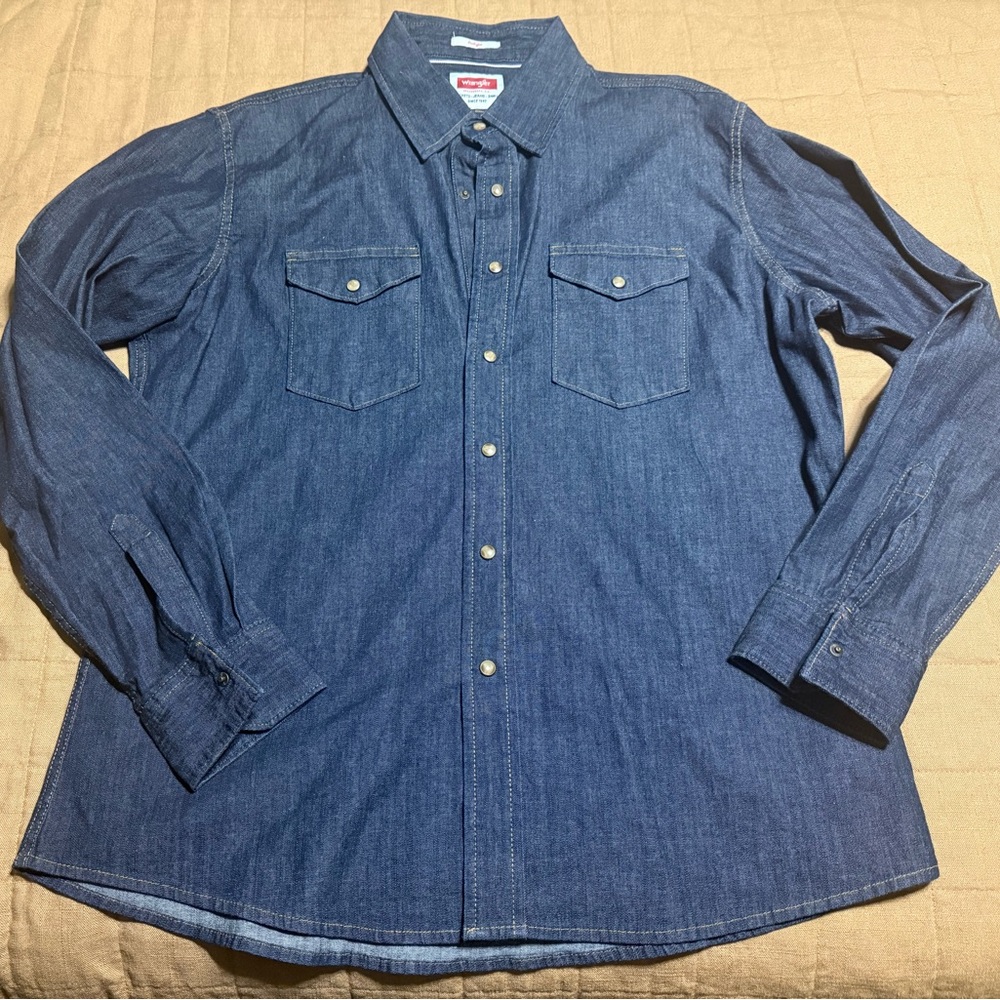 Wrangler Mens Large Slim Blue Indigo Denim Pearl Snap Western Shirt Long Sleeve